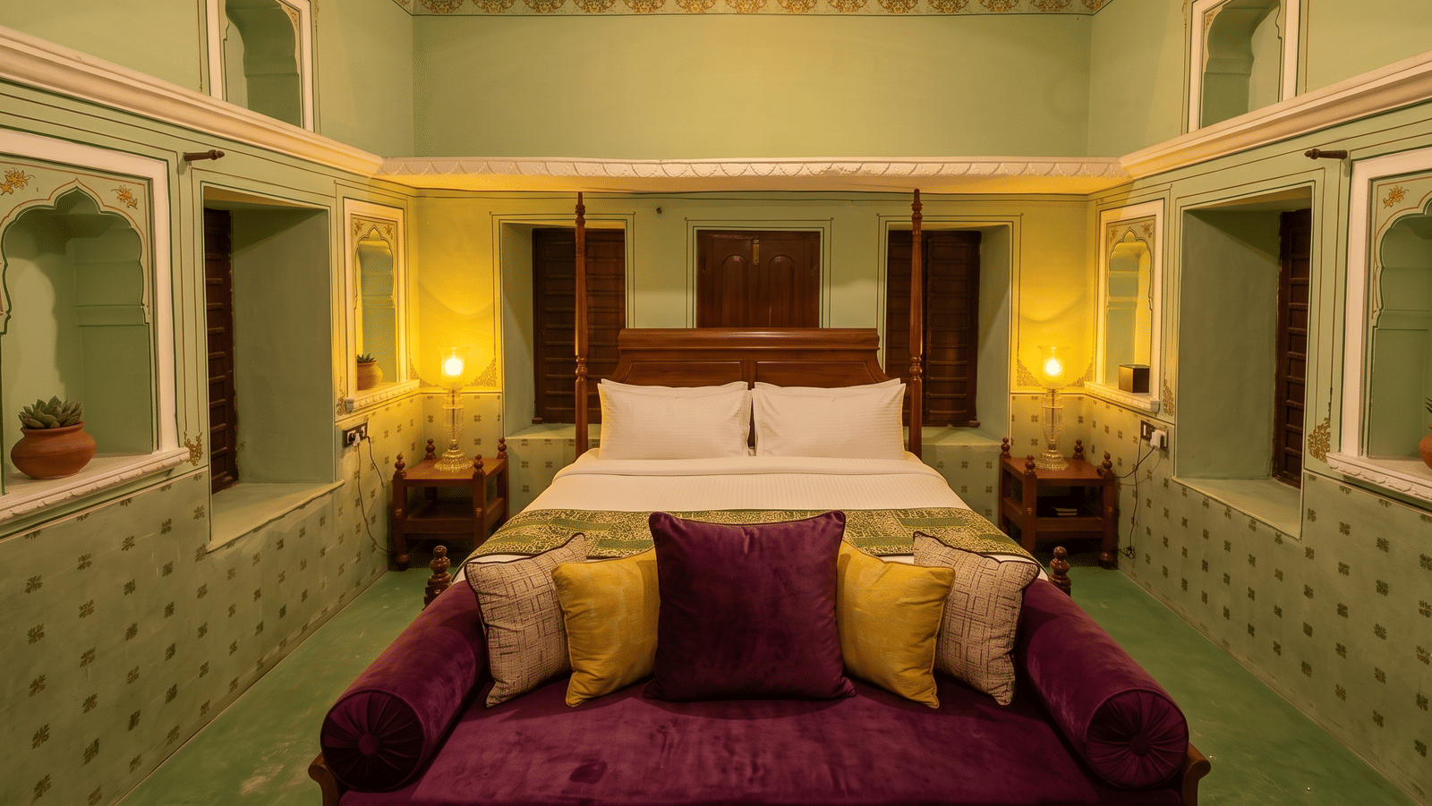 Heritage bedroom with a four-poster bed, pale green walls with gold motifs, a purple daybed and glass table lamps at BluSalzz Vintage - Harlalka Haveli.