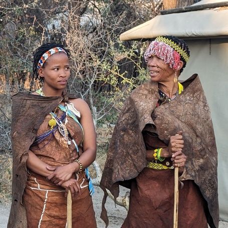 The San people in traditional attire in Central Kalahari.