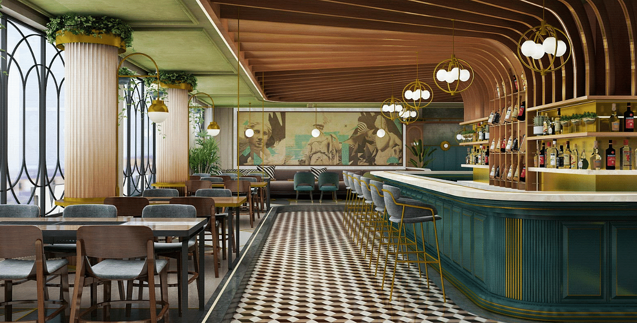 An image of wooden furnished interiors featuring dining tables and chairs and a bar on one side at Themis Barbeque House in Panipat