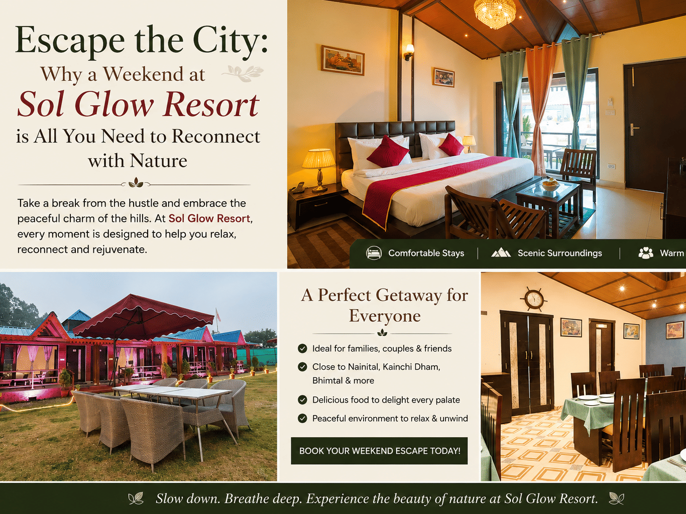 Blog graphic for Sol Glow Resort, Nainital, showcasing the interior, outdoor seating, and dining spaces in a vibrant collage layout.