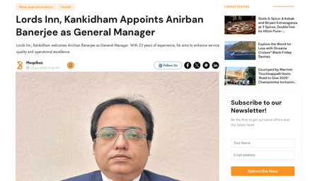 Anirban Banerjee is appointed General Manager of Lords Inn, Kankidham. The page includes his portrait and related stories.