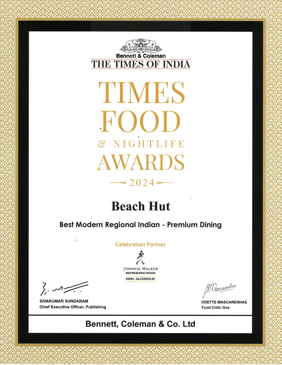 Times Food Award certificate given to Caravela Beach Resort Goa