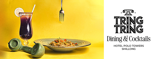 Promotional banner for Tring Tring Dining & Cocktails at Hotel Polo Towers Shillong, featuring a cocktail, pasta dish, and vintage phone on a vibrant yellow background.