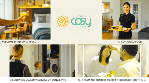 Hotel service highlights showcasing staff assisting guests, modern amenities, and hospitality features.