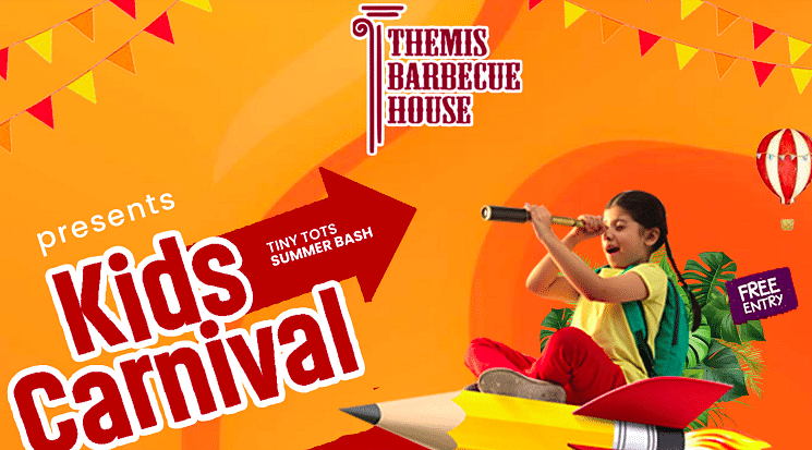 Kids Carnival at Themis Barbecue House, Ambala – Tiny Tots Summer Bash with free entry, happening from 1st June to 30th June. Features a joyful child riding a rocket illustration against a festive orange background with bunting.