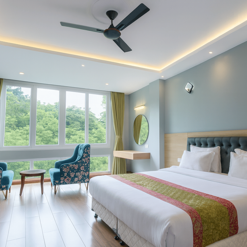 Executive hotel room with king-size bed, modern interiors, large windows opening to a lush forest view, and bright natural morning lighting for a premium 3-star experience