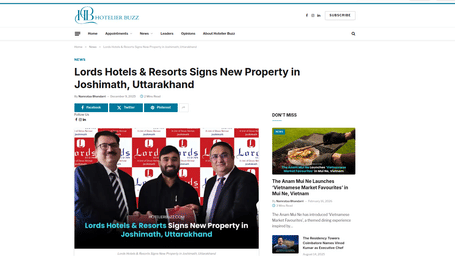 A PR post by Hotelier Buzz, stating Lords Hotels & Resorts announces hotel signing in Joshimath, Uttarakhand