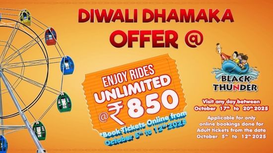 Diwali Dhamaka Offer at Black Thunder. The creative features a giant wheel and other rides under 850 rupees. Visit any day between 17th to 20th October 2025. 