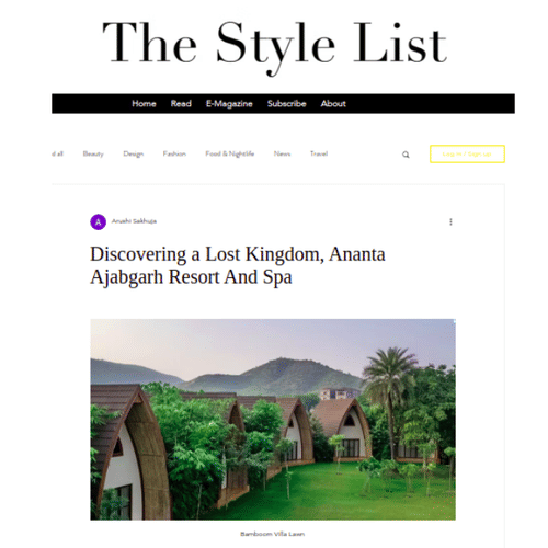 The Style List article describing the regal charm and exclusive offerings at Ananta Ajabgarh.
