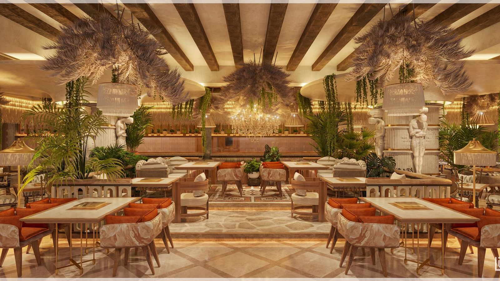 A lavish dining space with ornate golden ceiling fixtures and plush seating arrangements - Themis Barbecue House, Ambience Mall, Gurugram
