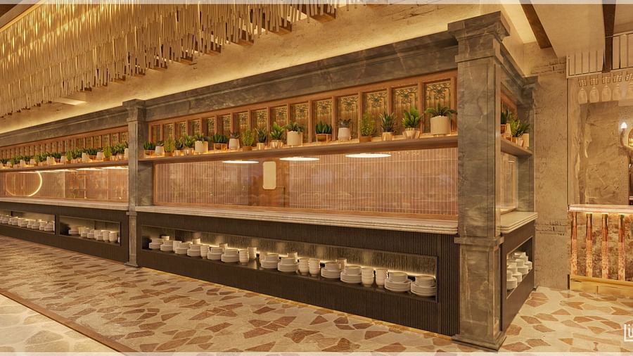 An upscale restaurant with detailed golden decor and an extensive wine rack on the wall at Themis Barbecue House, Ambience Mall, Gurugram