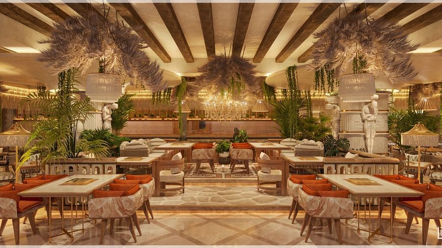 A lavish dining space with ornate golden ceiling fixtures and plush seating arrangements - Themis Barbecue House, Ambience Mall, Gurugram