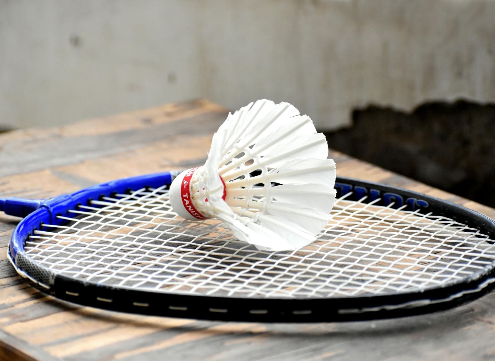 Shuttlecock on badminton racket.
