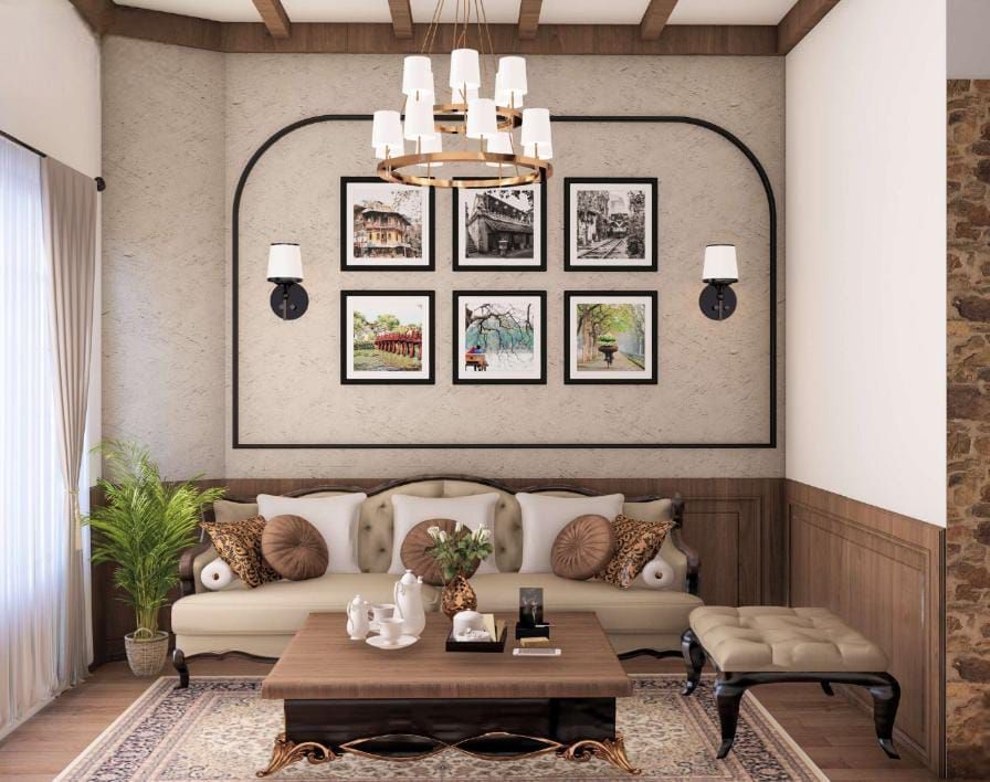 Living area with exposed wooden beams, a picture gallery wall, and a stone accent column at BluSalzz Terrah Hills Resort, Dalhousie.