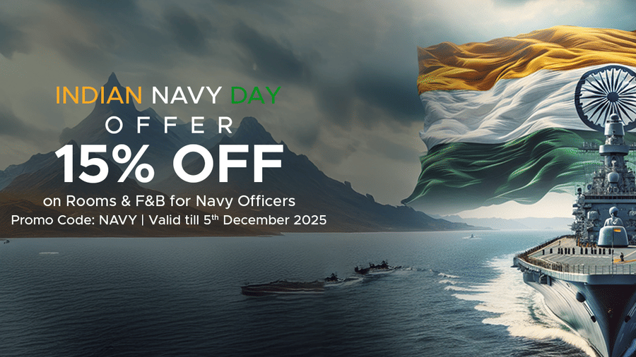 An Indian Navy Day offer banner showing naval ships at sea, a large national flag waving, and a 15% discount announcement for navy officers.