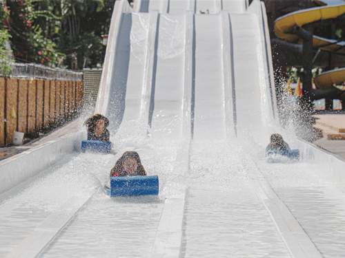 A view of three children riding a mat racer slide at a water park with trees on the left hand side and a swirling slide on the right