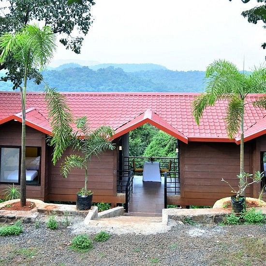 Riverview Luxury Cabin Exterior - Twin red-roofed wooden cabins in a forest setting with a mountain backdrop.