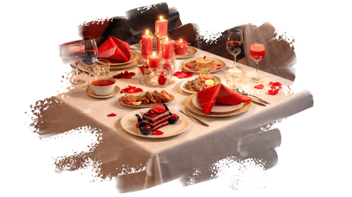 Valentine’s Day dessert spread at Pride Hotels Group featuring heart-shaped cakes, candles and themed table decor.