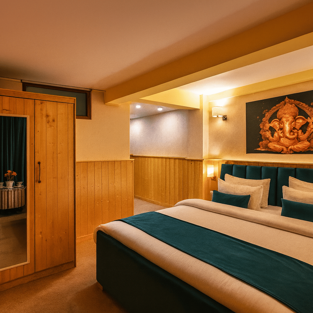 Luxury hotel room in Darjeeling with king-sized bed, teal accents, wooden furnishings, and Ganesh wall art under warm ambient lighting