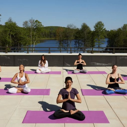 A group of 7 people on yoga mat meditating on a rooftop with a lush background at YO1 Longevity and Health Resorts, Catskills