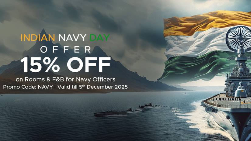 An Indian Navy Day offer banner showing naval ships at sea, a large national flag waving, and a 15% discount announcement for navy officers.