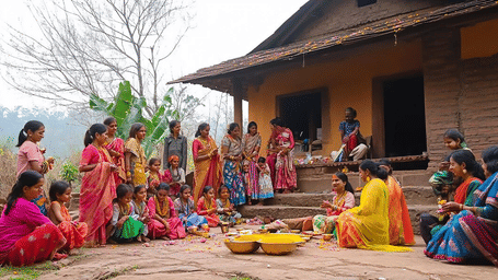 A group of people sit together outdoors near a house with a grass roof.