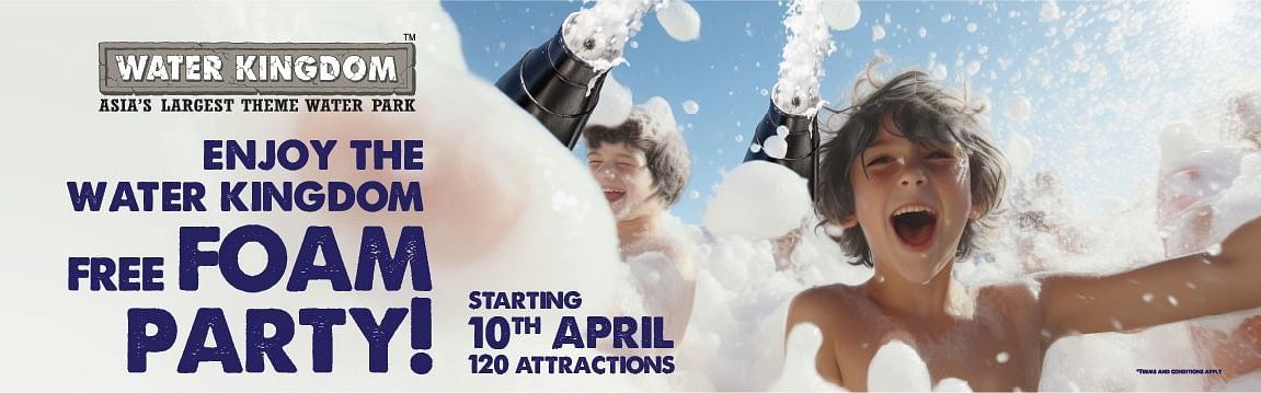 Foam Party creative at Water Kingdom showing kids playing with foam toys, highlighting 120 attractions and announcing the fun begins from 10th April