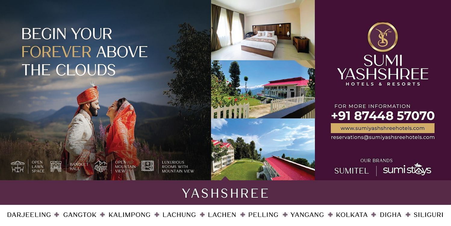 Luxurious wedding venue ad for Yashshree Resorts & Spa, featuring elegant decor and a scenic mountain backdrop.