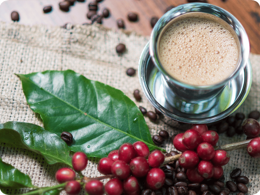A steel cup of coffee alongside coffee beans and leaves on a piece of cloth