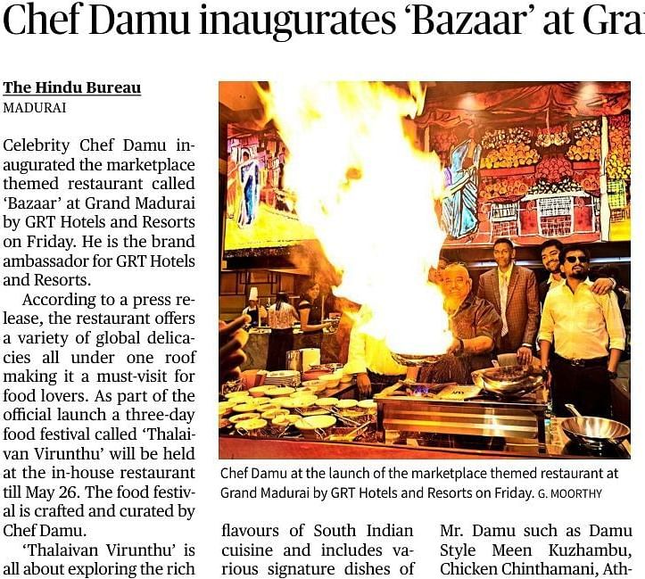 Image of a newspaper clipping talking about Chef Damu inagurating bazzar at Grand Madurai