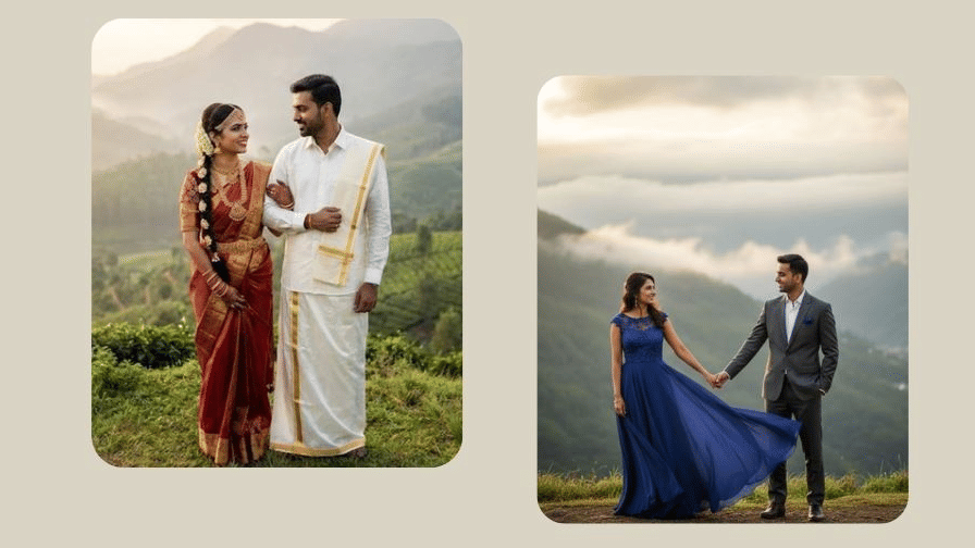 Couple in traditional and modern attire posing in the misty hills of Yelagiri.