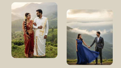 Couple in traditional and modern attire posing in the misty hills of Yelagiri.