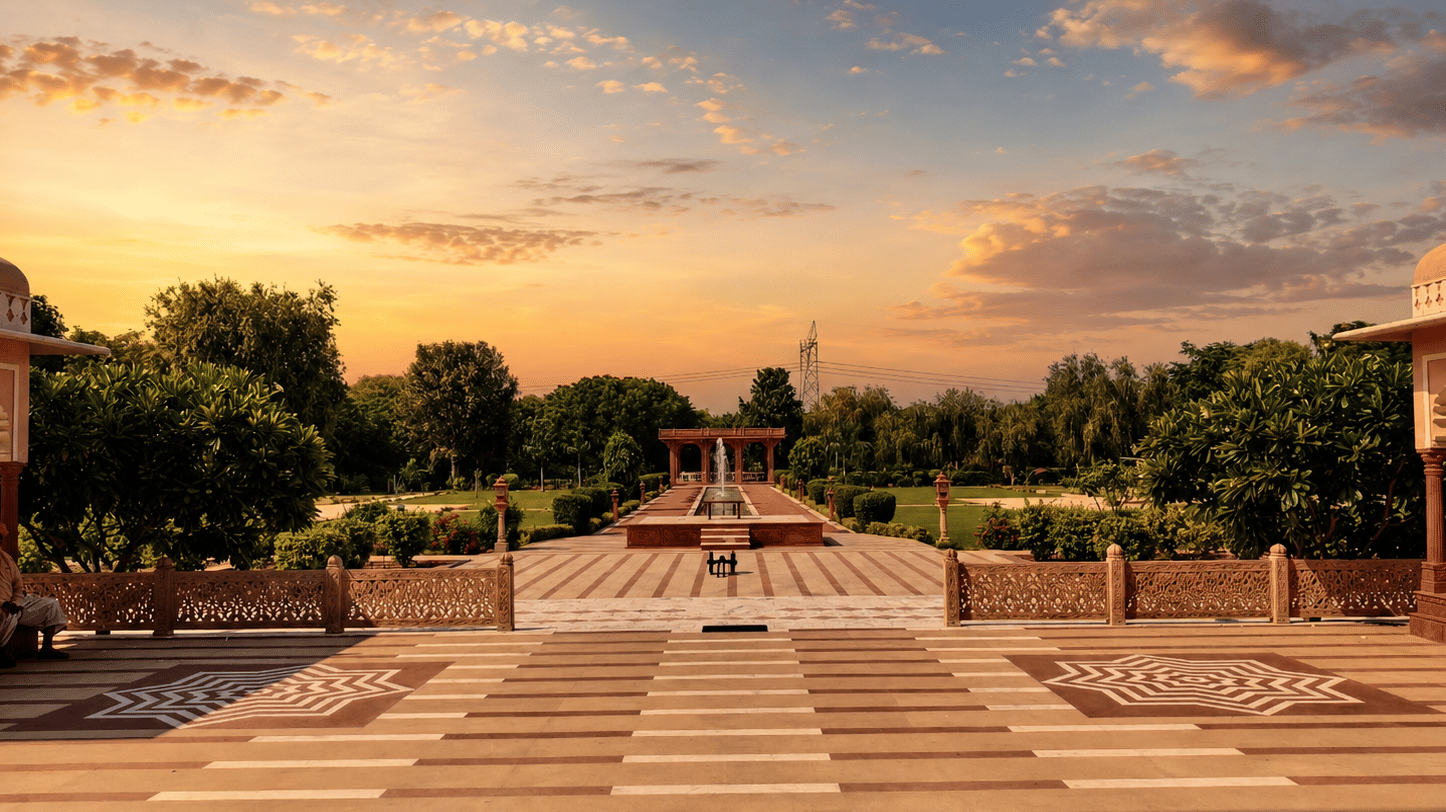 Golden-Hour Garden with Central Waterway with Fountain-Umaid Palace Dausa-Resort Near Jaipur
