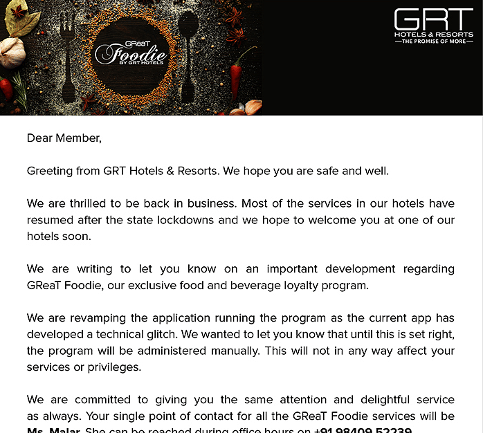 Newsletter by GRT Hotels announcing that they are back in business after covid lockdowns.