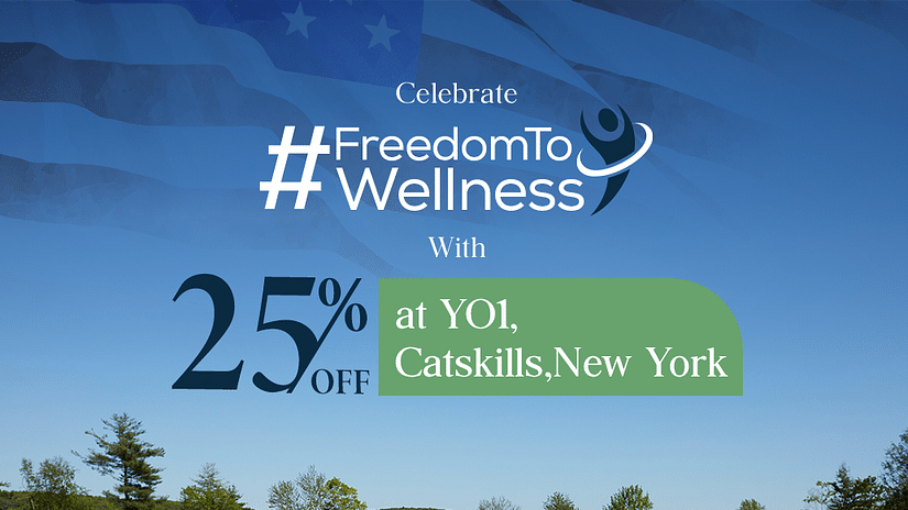 Promotional banner for wellness programs at YO1, Catskills, New York, offering a 25% discount, featuring a group yoga session with a serene outdoor backdrop.