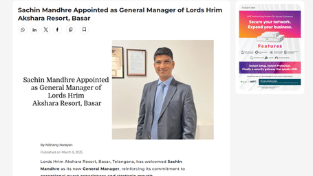 Sachin Mandhre appointed as GM of Lords Hrim Akshara Resort, Basar.