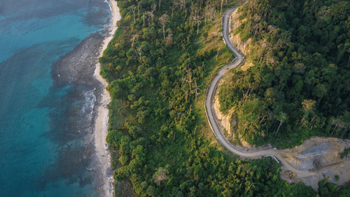 An aerial view of a beach, clear waters, and trees surrounding it, with a a winding road next to it.