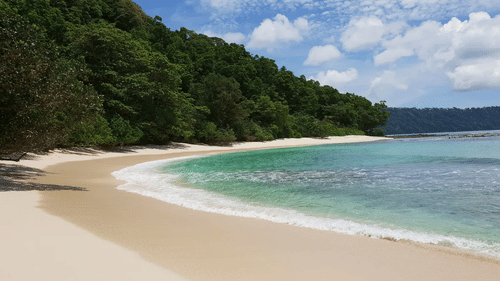 A view of a beach from seashore alongside a mountain.