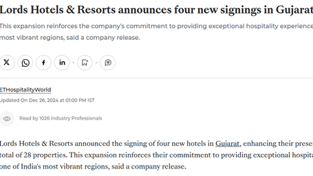 A web article announcing a new property signing by Lords Hotels & Resorts in Gujarat - Lords Hotels & Resorts