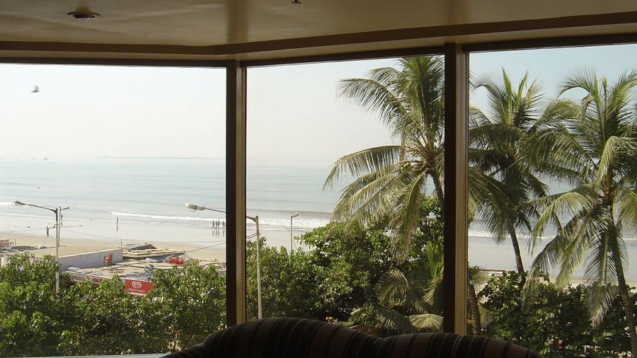 Scenic view of a beach and the sea through a big hotel room window, framed by lush palm trees.
