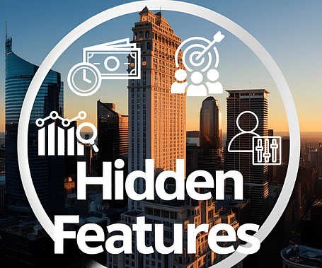 Hidden features of hotel booking engines illustrated over a city skyline background with tech and booking-related icons.
