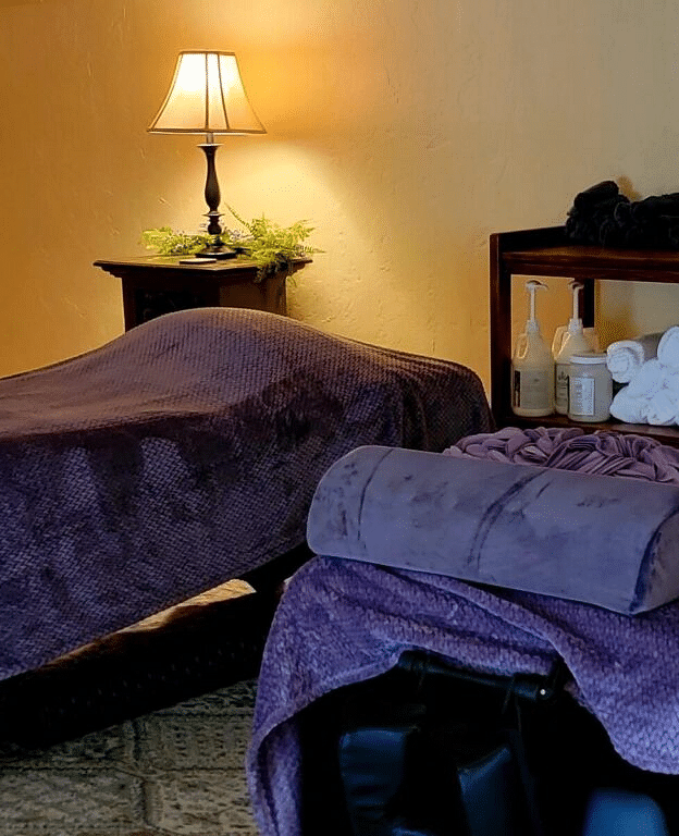tow spa beds with soft purple coloured sheets spread over them in a room with brightly lit lamp kept over a table in the background - Historic Tapoco Lodge