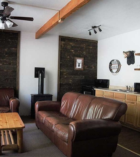 A room at Shaver Lake Village Hotel with a double sofa placed in its center and a wooden coffee table placed in front of it.