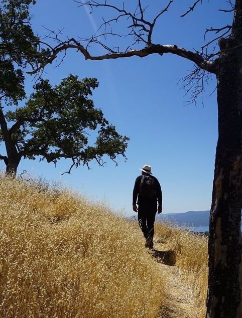 A man walking on a nature trail that offers view of the expansive landscapes in the surroundings near Tallman Hotel.