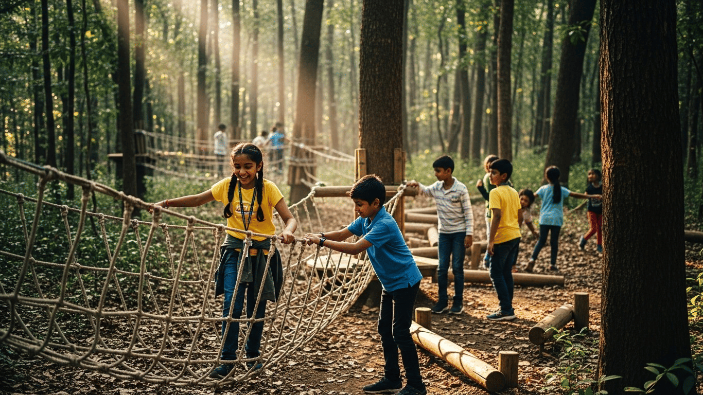 Kids learning through nature play at a forest resort near Pune