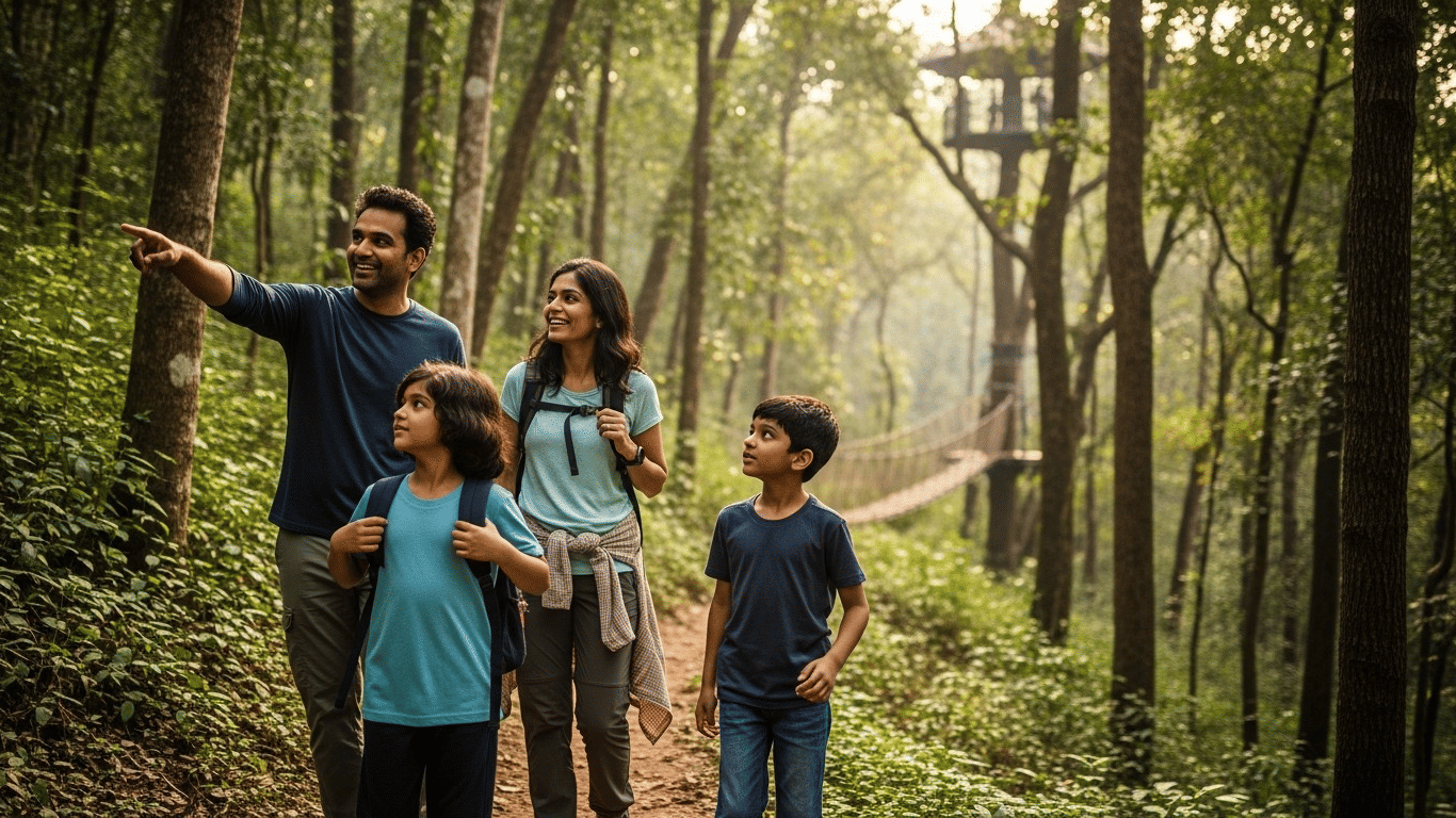Parents and children exploring nature at Sajan