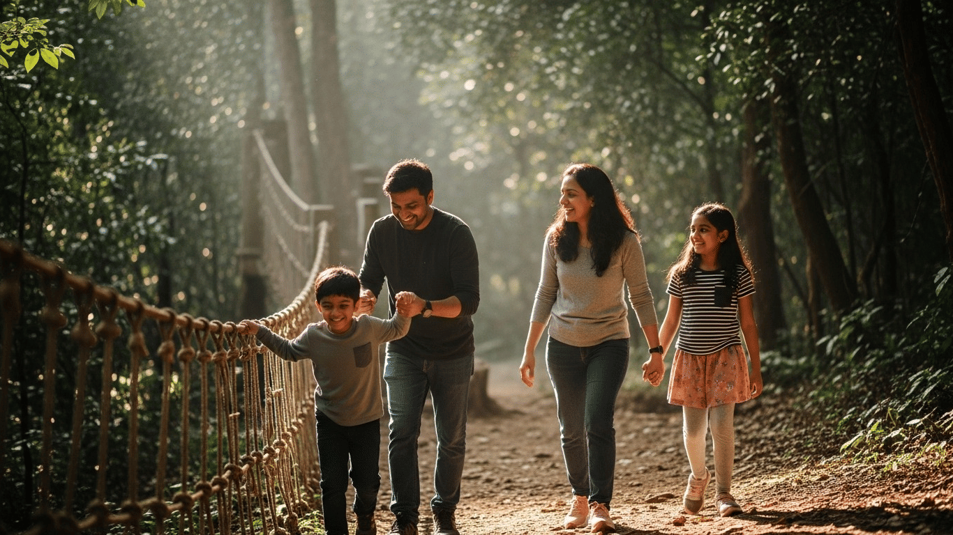 Parents and kids exploring nature trails at Sajan