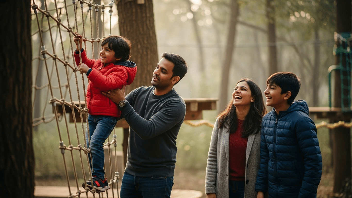 A family with 2 young kids enjoying outdoor activities in a forest resort.