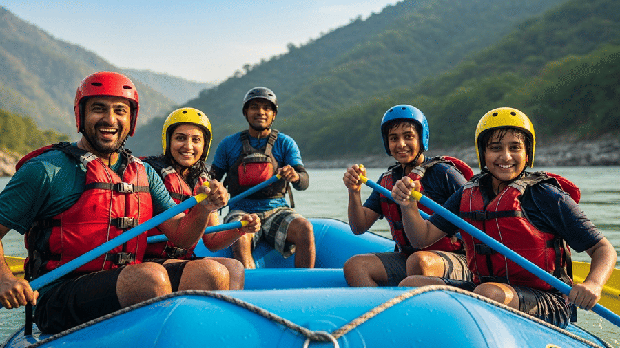 Family enjoying calm river float after Grade II