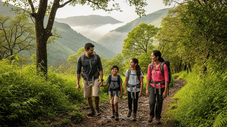 Beginner trekking trails near Pune in lush green forest